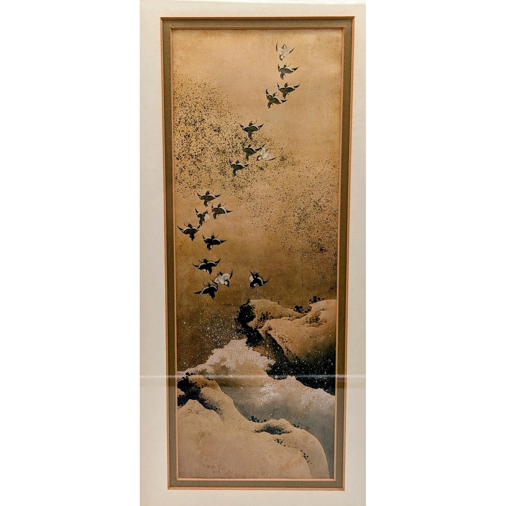 Vintage Japanese Style Bird Flight Coastal Scene Gold Framed Art